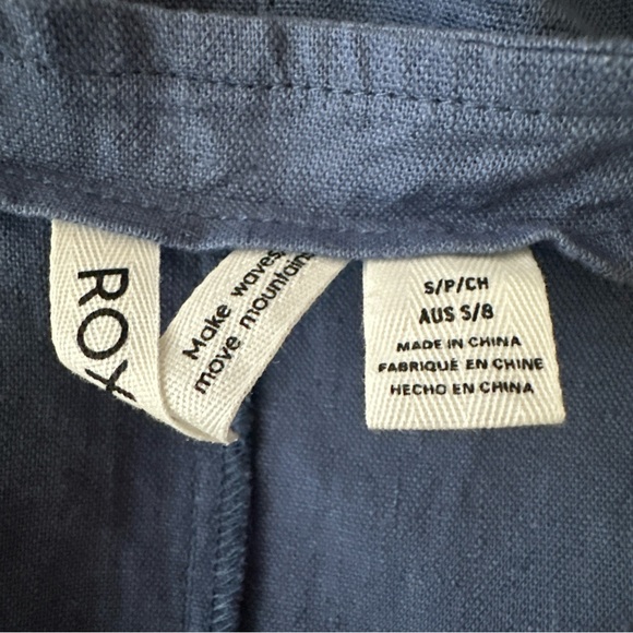 ROXY Womens Sz Small Adjustable Overalls Romper Blue Linen Pockets Beach Resort - Picture 9 of 13